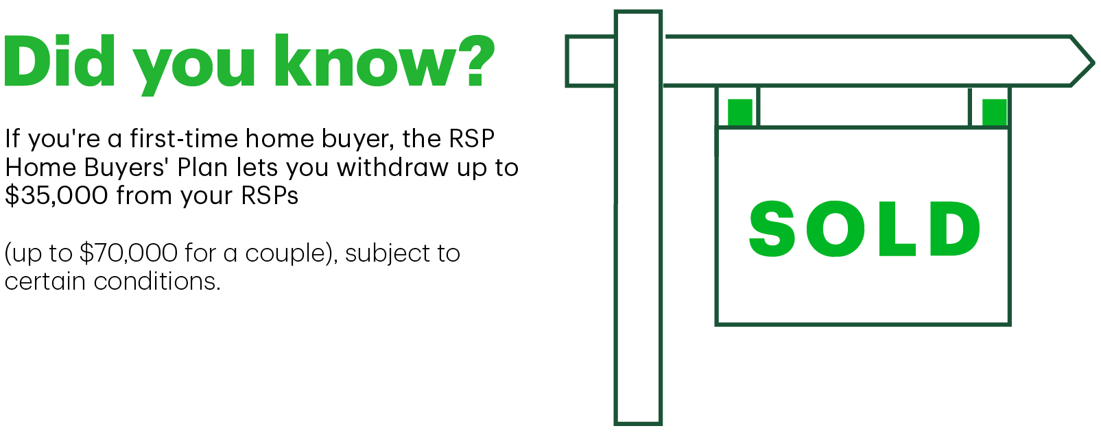 If you're a first-time home buyer, the RSP Home Buyers' Plan lets you withdraw up to $35,000 from your RSPs (up to $70,000 for a couple), subject to eligibility and certain conditions.