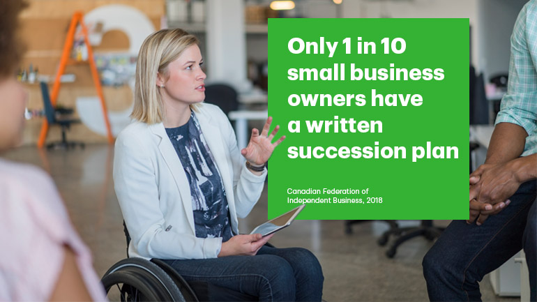 Text that says according to the Canadian Federation of Independent Business, only one in 10 small business owners have any written succession plan