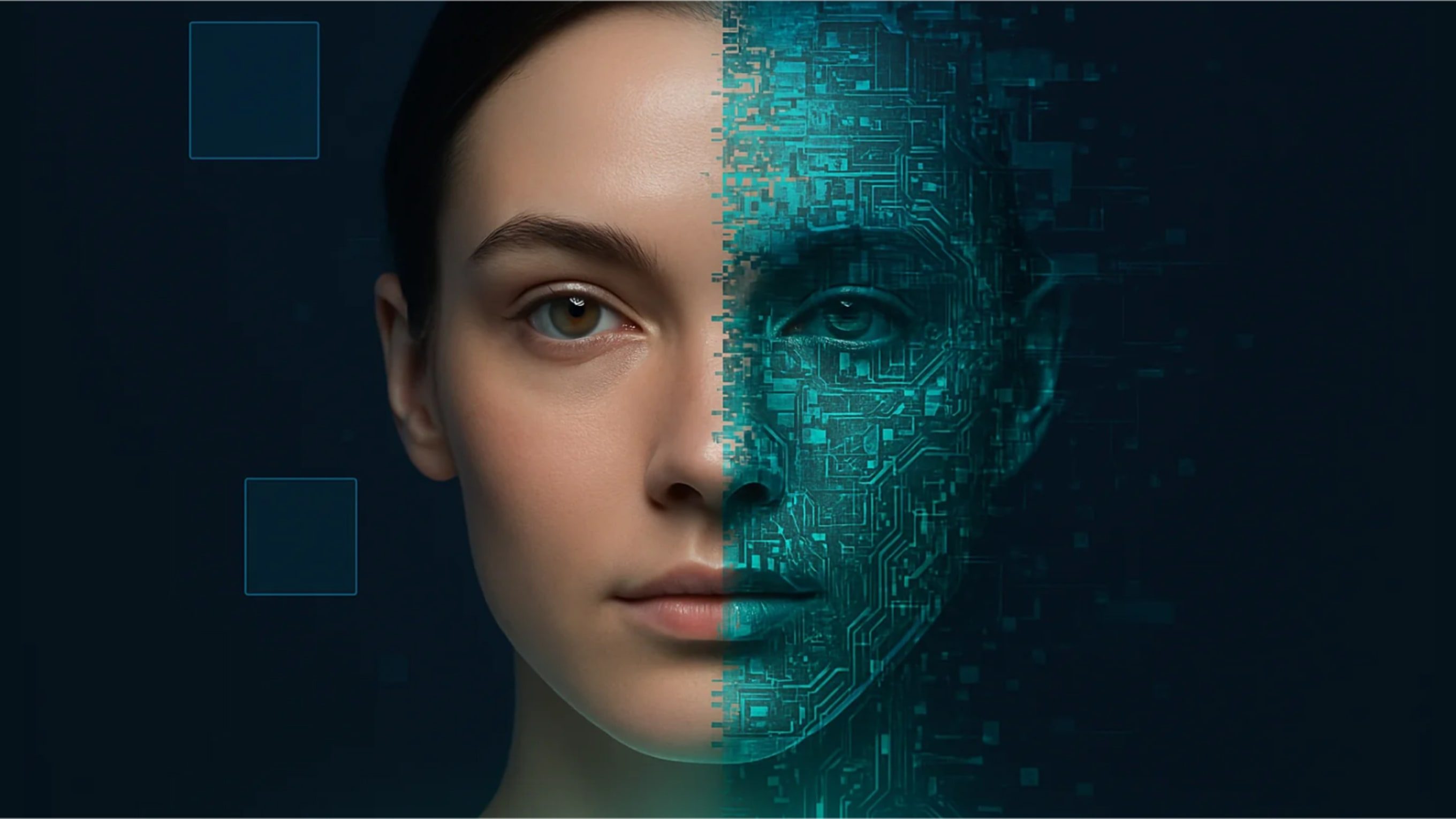 Woman with her face an AI tech graphic with the other side human