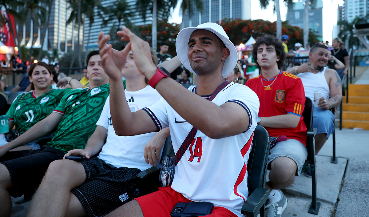 A fan cheers at the FIFA Fan Festival Miami at Bayfront Park on July 5, 2026 in Miami, Florida.