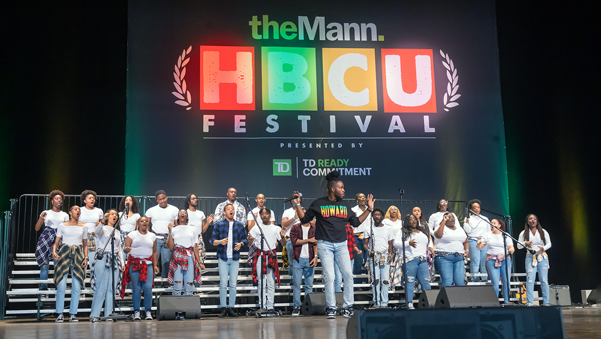 A group of students on stage at the TD Bank HBCU Festival at The Mann in Philadelphia