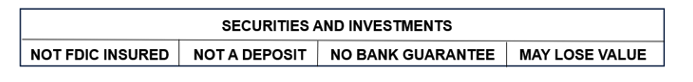 wealth disclosure: Securities and investments, not FDIC insured, not a deposit, no bank guarantee, may lose value.