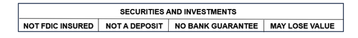 wealth disclaimer reading: securities and investments, not FDIC insured, no bank guarantee, may lose value