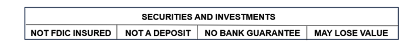 Wealth disclosure: securities and investments, not FDIC insured, not a deposit, no bank guarantee, may lose value