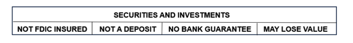 Securities and investments, not FDIC insured, not a deposit, no bank guarantee, may lose value