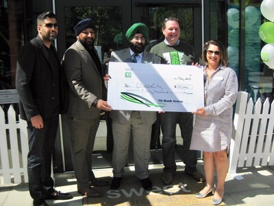 TD announced a $50,000 donation to DIVERSEcity for an immigrant entrepreneurship program at its new branch opening on May 12 in Surrey, B.C. L-R: Sanj Rana, TD; Gurjiv Chahil, TD Canada Trust; Ravi Kochhar, Branch Manager, TD Canada Trust; Bill Cunningham, TD Commercial Banking and Tahzeem Kassam, Chief Operating Officer, DIVERSEcity. (CNW Group/TD Canada Trust)