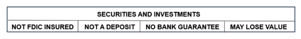 Securities and investments, not FDIC insured, not a deposit, no bank guarantee, may lose value