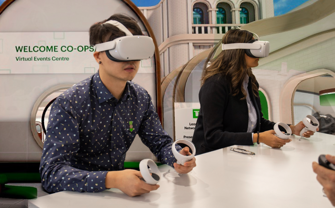 Intern using VR headset to interacted with colleagues in the TD metaverse.