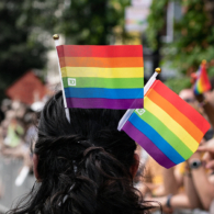 girl at pride parade with TD pride flags in her hair