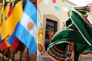 Collage of Hispanic flags and woman in colorful dress dancing