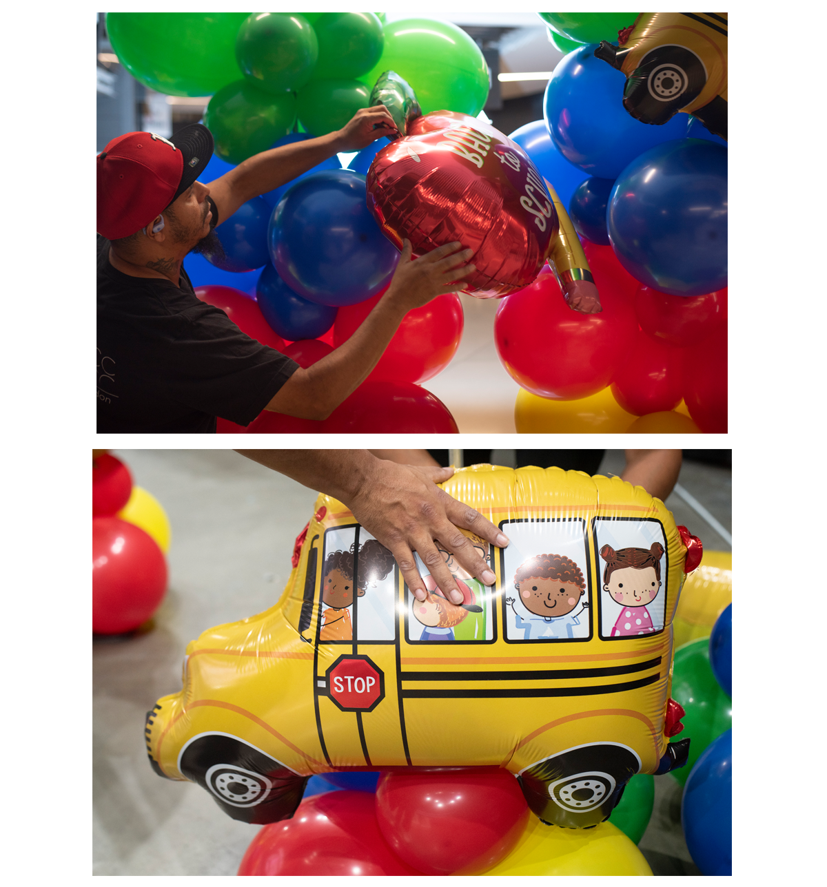 man setting up balloons (L), close up photo of a school bus shaped balloon (R)