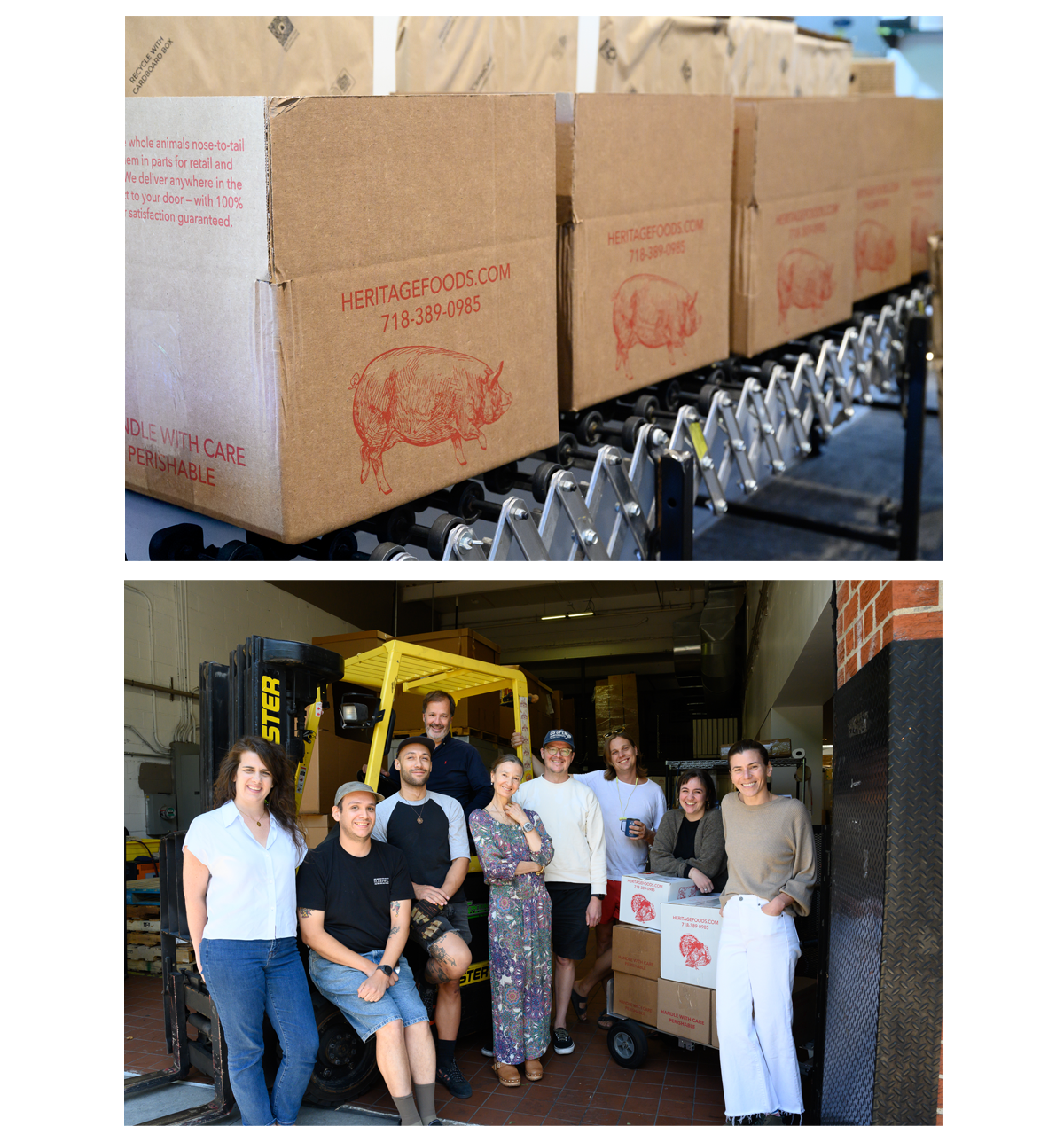 Boxes at Heritage Foods (L), Group of people posing in a warehouse with Heritage Food boxes (R)
