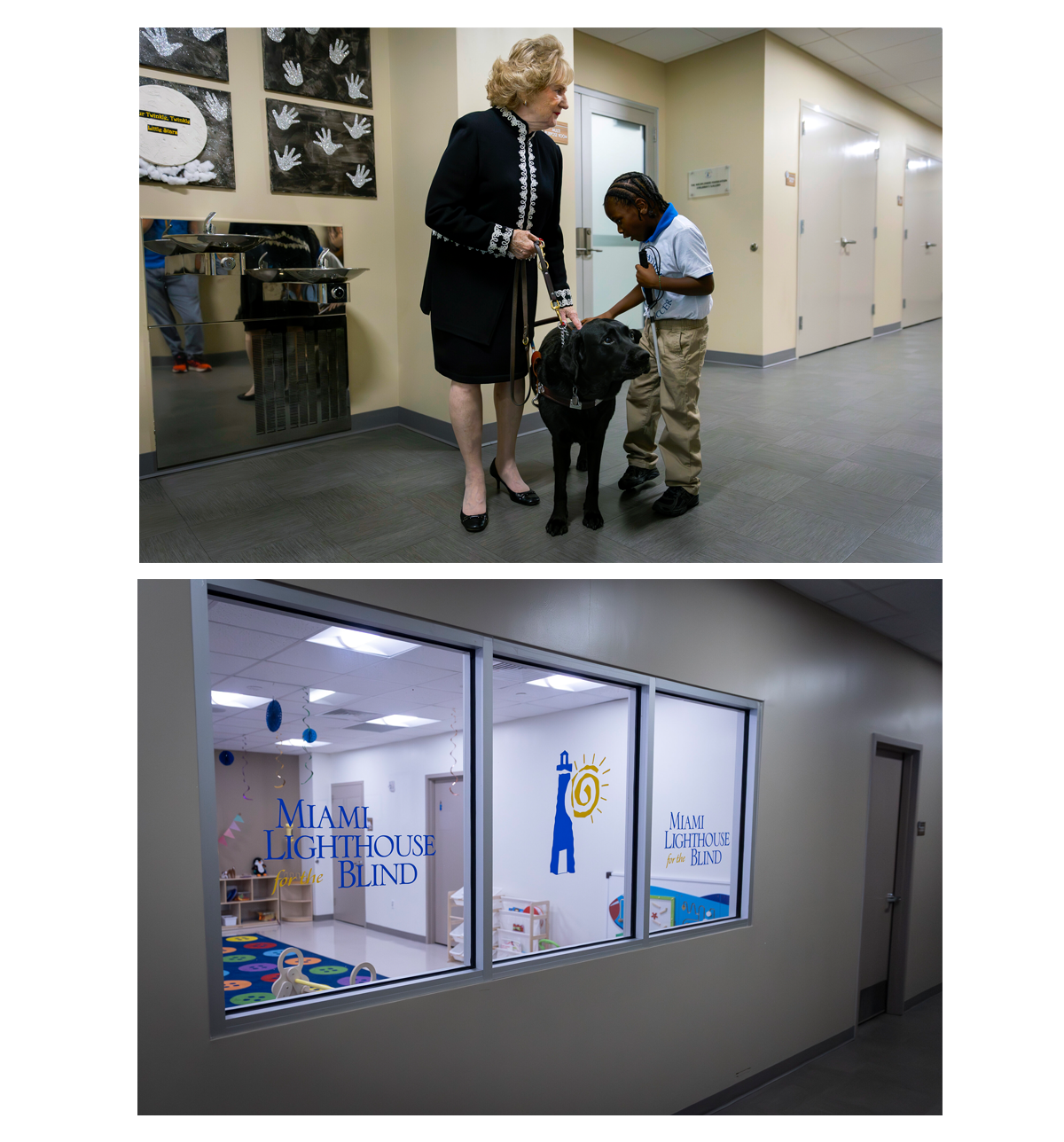 Woman with guide dog, and young boy petting the dog (L), Miami Lighthouse for the blind sign (R)